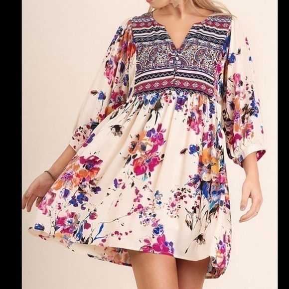 Umgee Claire Floral Boho Pink Royal Combo Dress - Picture 7 of 7